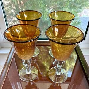 Set of 4 Artland Amber Bubble Glass Goblets 8.25” Tall Vintage Wine Glasses